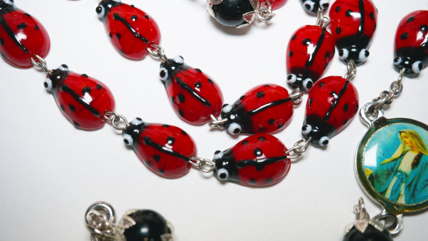 Catholic Steel Rosary Ceramic Ladybug Devotional 29" inch long centerpiece Lady of Grace Sanctified Papal Crucifix Zinc Alloy