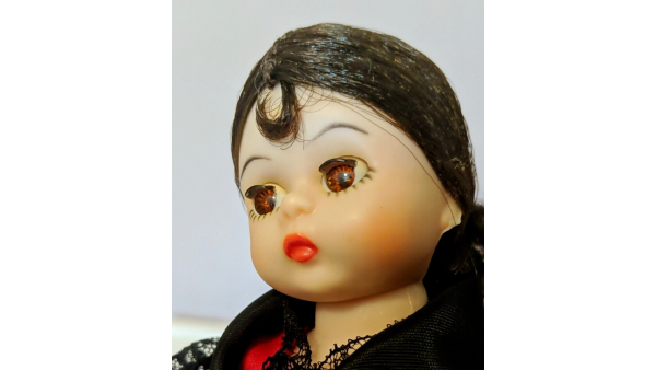 Vintage Madame Alexander Doll International Spanish Girl, Red Dress Black Trim w/ Kaiser Doll Stand, does not contain box #795 Spain Dancer