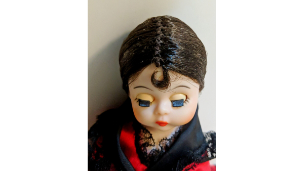 Vintage Madame Alexander Doll International Spanish Girl, Red Dress Black Trim w/ Kaiser Doll Stand, does not contain box #795 Spain Dancer
