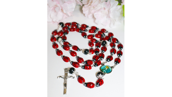 Catholic Devotional Steel Rosary Ceramic Ladybug Devotional 29" inch long centerpiece Lady of Grace Sanctified Papal Crucifix Zinc Alloy