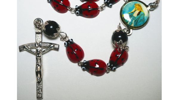 Catholic Devotional Steel Rosary Ceramic Ladybug Devotional 29" inch long centerpiece Lady of Grace Sanctified Papal Crucifix Zinc Alloy