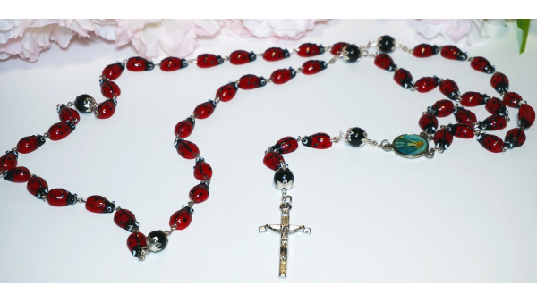 Catholic Devotional Steel Rosary Ceramic Ladybug Devotional 29" inch long centerpiece Lady of Grace Sanctified Papal Crucifix Zinc Alloy