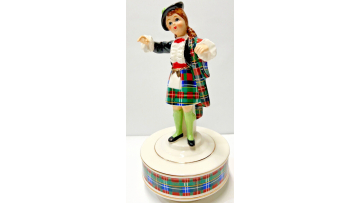 SCHMID Rotating Music Box "Scottish Girl in Plaid Kilt", 8.5", Japan Vintage from the 1950s